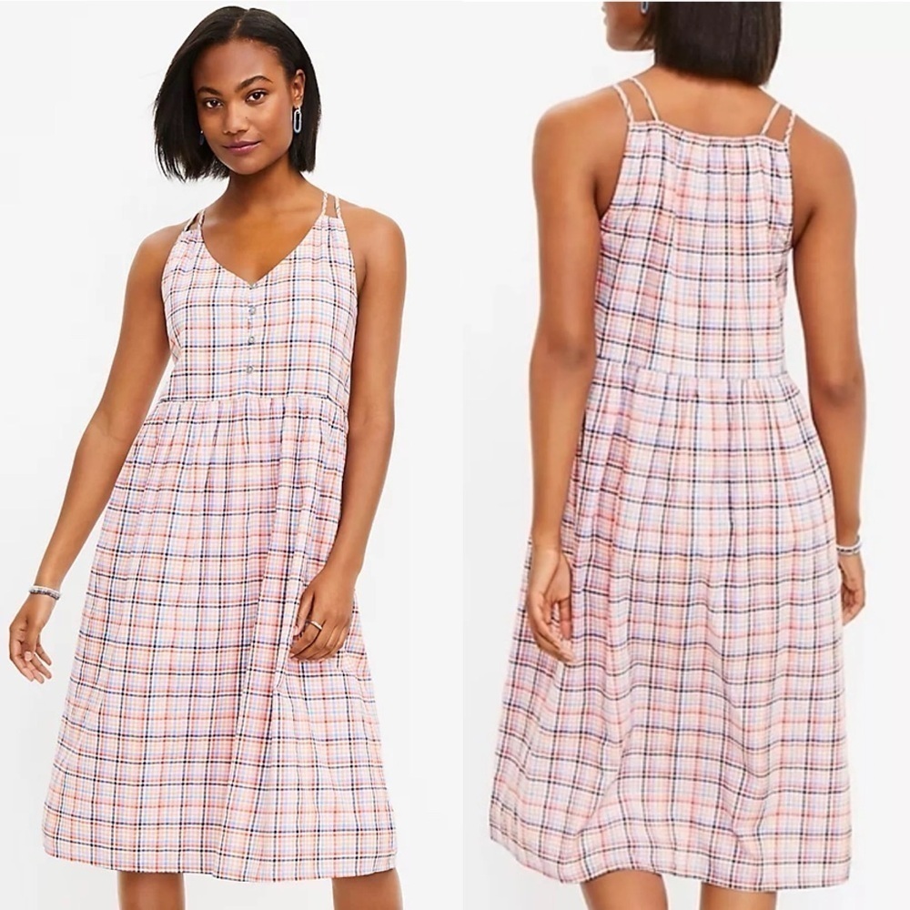 New Loft Plaid Strappy Button Front Midi Dress- Whisper White Plaid Size 14